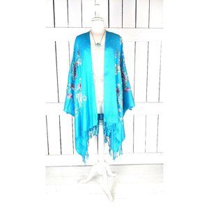 Blue embroidered paisley pashmina kimono cover up fringe jacket
